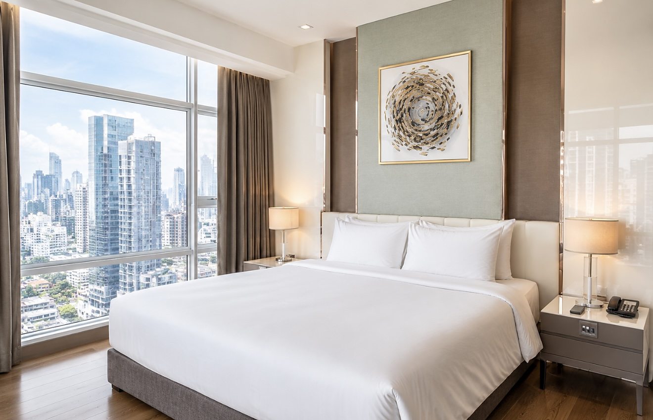 Jasmine 59 Hotel · Penthouse 1: Master bedroom with city view
