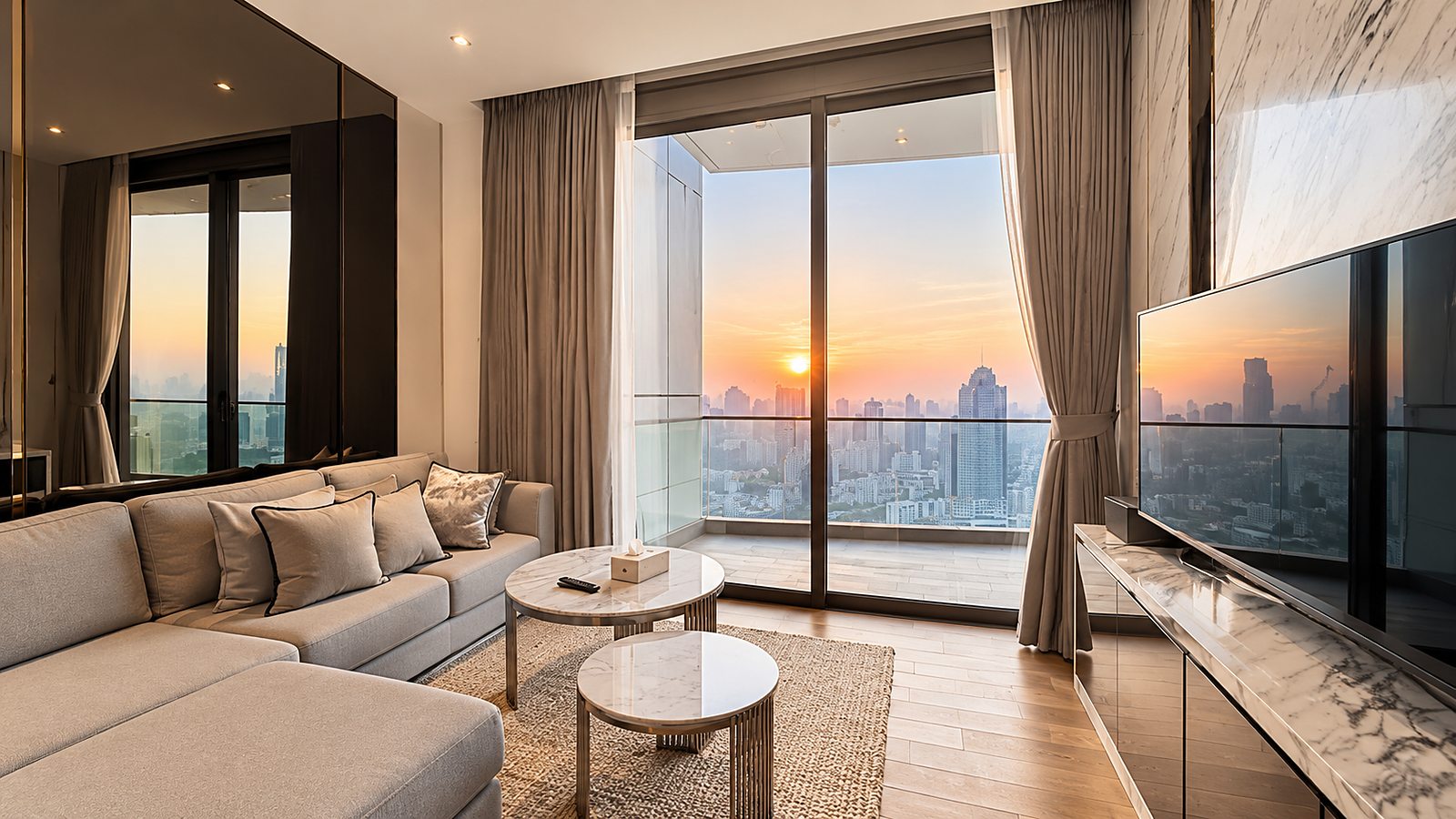 Magnolias Waterfront Residences: Living room with sunset view