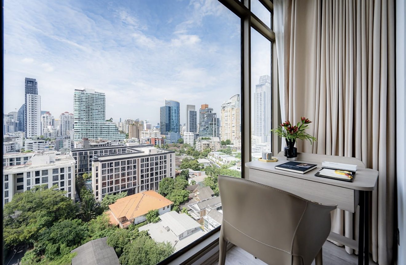 Rhythm Ekkamai Estate: Bedroom desk with view [show unit]